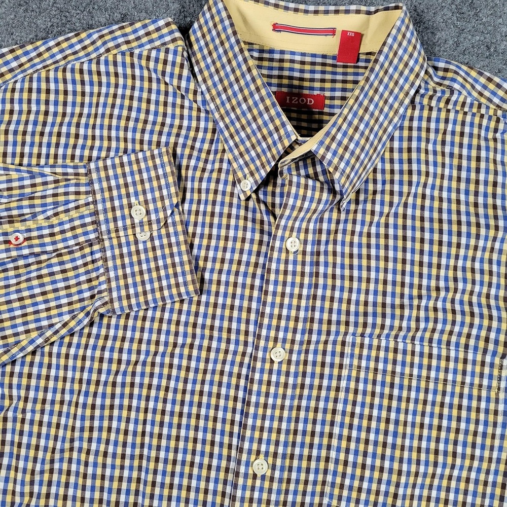 IZOD Saltwater Shirt Mens 2XL‎ Blue Yellow Check Button Down Cotton Casual
